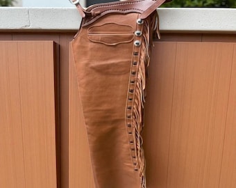 Handmade Brown Leather Cowboy Chaps: Fringed Western Rodeo Riding Gear