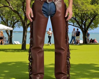Men's Brown Leather Chaps | Rodeo Cowboy Motorcycle Pants