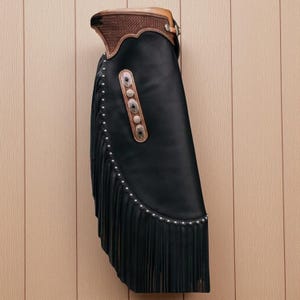 Men&#39;s Black Cowhide Leather Chaps with Concho Style | Handmade Western Cowboy Riding Pants | Mountain Men Rodeo Horseback Gear
