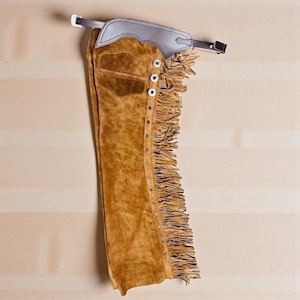 Men Brown Suede Leather Fringe Shotgun Chaps | Cowboy Riding Chaps | Western Horseback & Rodeo Gear | Handmade Leather Equestrian Chaps
