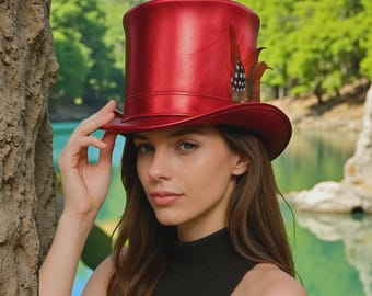 Handmade Red Faux Leather Top Hat with Feathers Steampunk Costume Accessory