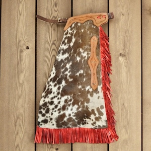Custom Hair-On Cowhide Leather Chaps with Red Fringe | Western Rodeo Ranch Riding Gear | Cowboy and Cowgirl Handmade Show Chinks