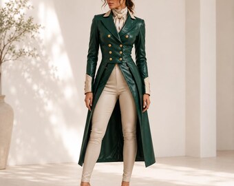 Handmade Green Leather Long Coat Women Double Breasted Trench Winter Jacket