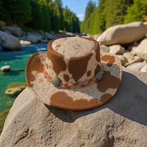 Genuine Cowhide Leather Safari Hat | Brown White Hair‑on‑Hide Outback Hat | Wide Brim Cowboy Hat | Handmade Pony Skin Western Hat | Mens Hat