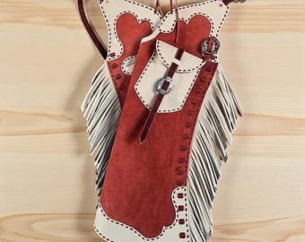 Handmade Kids Leather Chinks: Red & White Cowboy Fringe Chaps