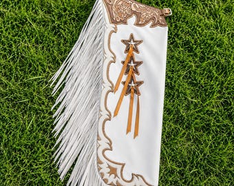 White Western Leather Chaps with Fringe & Floral Tooling Cowgirl Rodeo Gear
