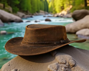 Handmade Distressed Brown Leather Cowboy Hat: Wide Brim Outback Style