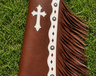 Handmade Brown White Leather Western Chaps Cross Fringe Cowboy Riding Gear