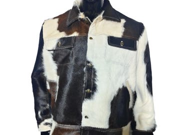 Handmade Black White Hair On Cowhide Leather Jacket Western Trucker Coat Men
