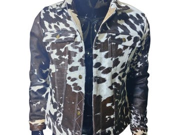 Handmade Black White Hair On Cowhide Leather Jacket Western Trucker Coat Men