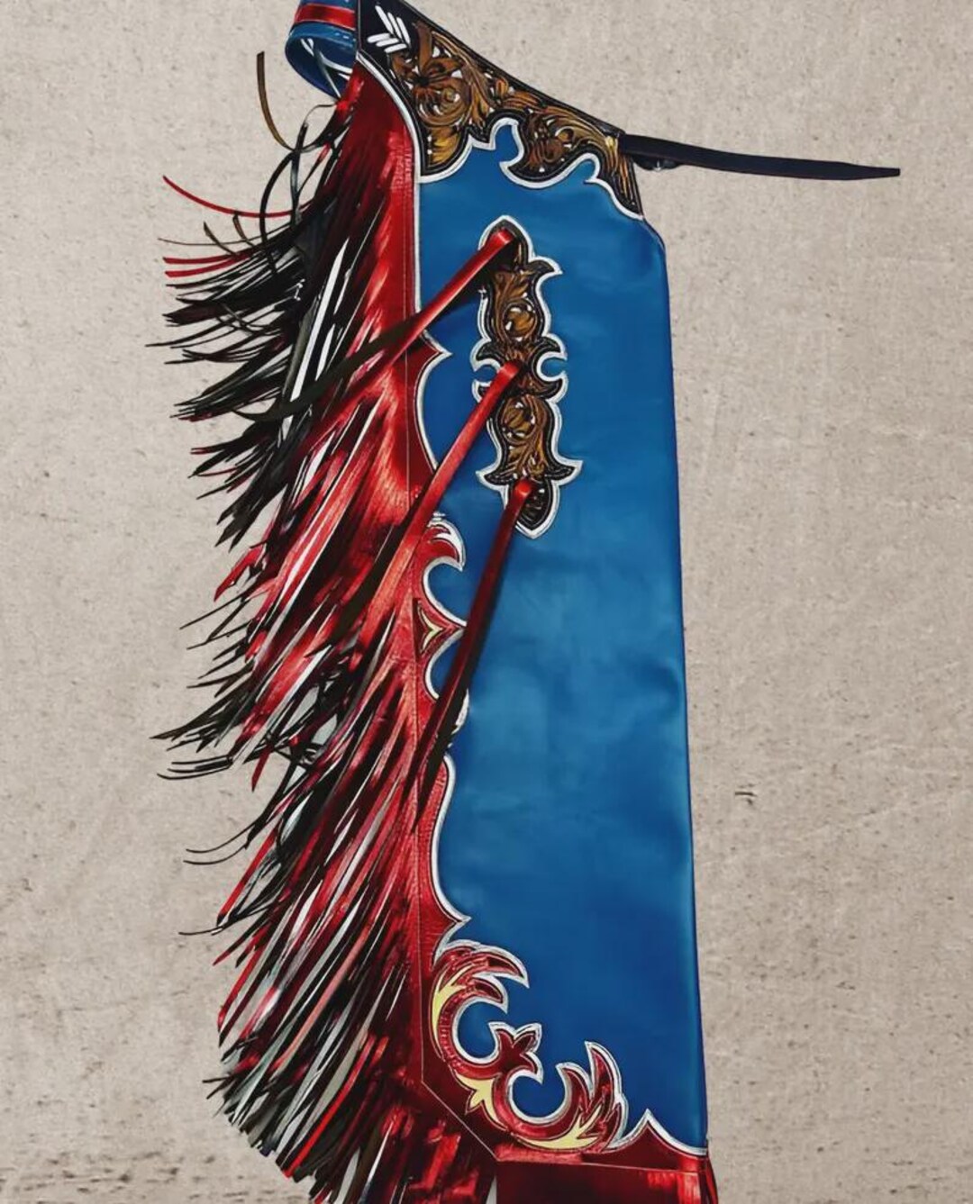 Handmade Rodeo Leather Chaps With Fringe – Blue & Red Western Cowboy ...
