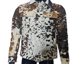 Handmade Speckled Hair On Cowhide Leather Jacket Western Trucker Coat Men
