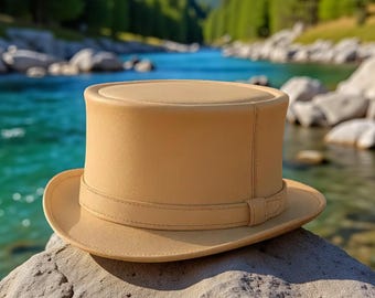 Handmade White Leather Top Hat: Steampunk Festival Hat