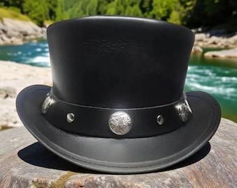 Chapéu alto de couro preto feito à mão | Western Steampunk com Conchos