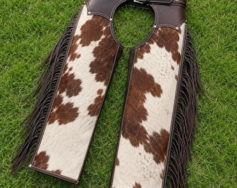 Handmade Cowhide Leather Western Chaps with Fringe Brown Hair On Hide Unisex