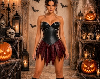 Women Leather Gothic Corset | Halloween Witch Costume | Vampire Party Outfit