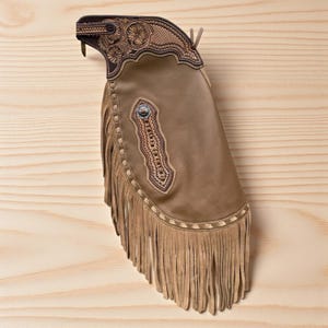 Womens Genuine leather Handmade Brown suede  Rodeo Chinks with Tooling & Fringe | Western Cowboy Horse Riding Chaps | Ranch Work Gear
