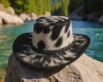 Puede incluir: Un sombrero de vaquero de piel de vaca en blanco y negro con una banda trenzada. El sombrero se encuentra sobre un fondo de río y árboles. El ala del sombrero es negra y la copa presenta un estampado de manchas.