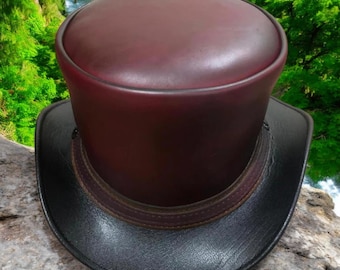 Handmade Burgundy Black Leather Top Hat, Steampunk Victorian Cowboy Style Hat
