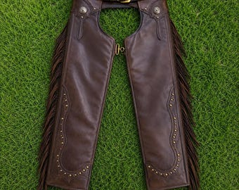 Handmade Brown Leather Fringe Cowboy Chaps Western Rodeo Riding Chinks