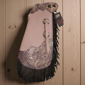 Handmade Pink Leather Rodeo Chinks with Tooled Floral Yoke & Black Fringe – Western Riding Gear