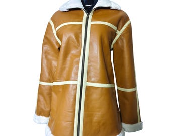 Handmade Tan Shearling Leather Jacket Women Winter Sheepskin Zip Up Coat