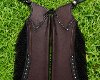 Handmade Brown Leather Western Fringe Chaps Cowboy Riding Rodeo Unisex Wear