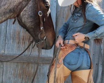 Handmade Leather Cowboy Chaps, Western Rodeo Fringe Shotgun Riding Gear