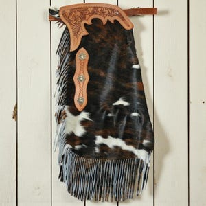 Premium Hand-Tooled Hair-On Cowhide Chinks | Real Leather Fringe Western Chaps | Cowboy Rodeo Ranch Horseback Riding