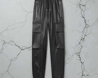 Men's Black Genuine Leather Cargo Pants: Slim Fit Biker Joggers