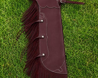 Handmade Brown Leather Fringe Cowboy Chinks Western Riding Rodeo Leg Chaps
