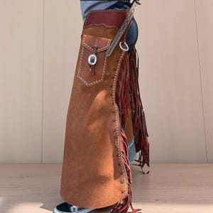 Men’s Western Cowboy Leather Chaps with Pocket & Fringe | Rodeo Riding Gear | Handmade Brown Suede Work Chaps for Ranch and Horse Riding