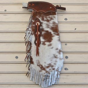 Handmade Hair-On Cowhide Leather Chinks | Western Fringe Riding Chaps | Rodeo Ranch Cowboy Gear | Custom Horseback Riding Outfit