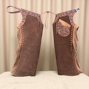 Men Handmade Tooled Suede Leather Chaps | Brown Fringed Cowboy Rodeo Chaps | Western Horse Riding Gear | Ranch Style Leather Pants