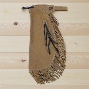 Men’s Tan Suede Leather Chinks with Fringe | Western Cowboy Riding Chaps | Studded Design with Conchos & Laces | Rodeo Horse Gear
