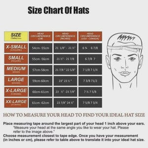 May include: A hat size chart with measurements in inches and centimeters. The chart includes sizes from X-Small to XX-Large, with corresponding head circumferences and hat sizes for the US and Canada. Instructions on how to measure your head are also included.