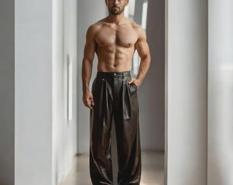 Men’s Black Leather Wide-Leg Pants, Handmade Loose Fit Trousers Fashion Wear