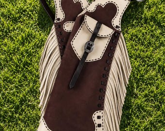 Handmade Western Leather Fringe Chaps Brown & Cream Cowboy Rodeo Riding Gear