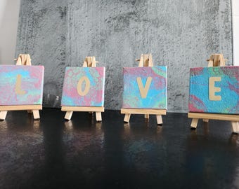 Love - Picture; Acrylic; Canvas; Decoration; Blue/Pink; 4 x 8 x 12 cm (canvases 7.50 x 7.50 cm)