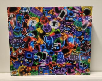 Retro picture; sticker collage; epoxy resin; neon; 30 x 20 cm