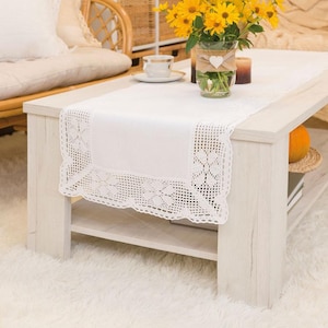 Camino de mesa de encaje de crochet blanco | Camino de mesa de algodón calado | 40×140 cm | Decoración rústica vintage