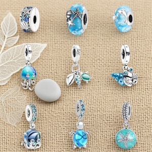 Minimalist charm, Under The Sea Collection 8 Charms - Sterling Silver Compatible with Charm Pendant Bracelet Necklace