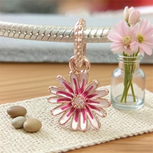 Minimalist Charms, Pink Daisy Flower Dangle Charm fits Pandora Charms Bracelets,Necklaces Pendant,Fashion Jewelry Gift For Her Rose gold