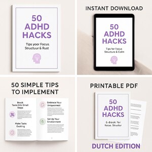 Può includere: Diverse risorse digitali intitolate "50 ADHD Hacks" sono presentate. L'immagine include un libro stampato, un tablet e un libro aperto con suggerimenti. Il design utilizza bianco e viola, con testo in un font sans-serif.