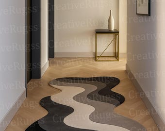 Hand Made Tufted Wavy Design Pattern Runner Rug, Handmade Custom Area Rug For Hallway, Home Decor, Nursery, Entry Ways Rug And Big Hall Rug