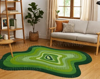 Green Abstract Geometric Hand-Tufted Rug – Modern Wavy Layer Design Carpet for Living Room, Bedroom, or Office Dècors