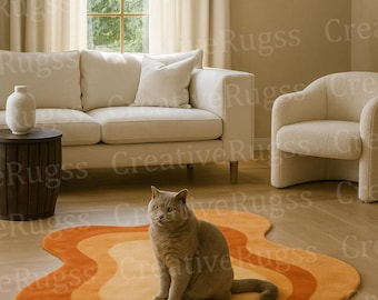 Retro Wavy Orange Blob Rug – Hand-Tufted Abstract Floor Mat, Groovy Layered Design for Living Room or Bedroom, Modern Aesthetic Carpet Dècor