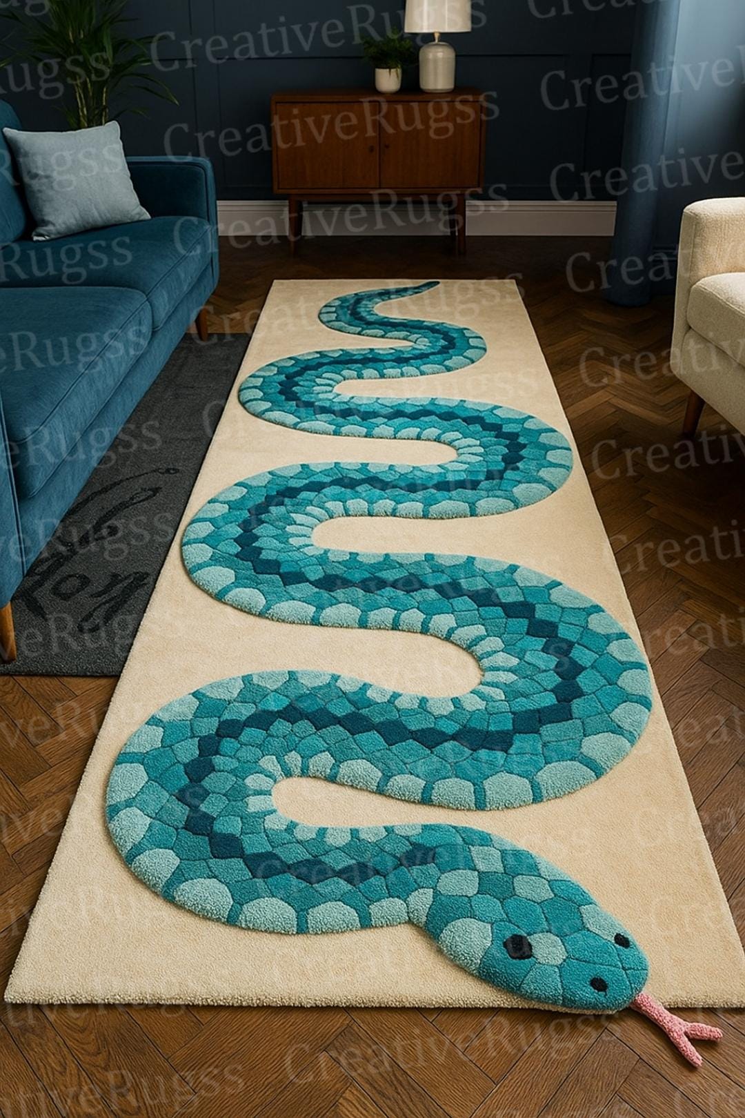 Blue Snake Hand Tufted Wool Rug, Reptile Runner Rug, Modern Animal ...