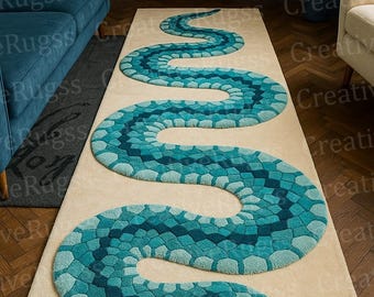 Blue snake hand tufted wool rug, Reptile Runner rug, modern animal print rug, handmade serpent area rug for living room, Bedroom or Nursery