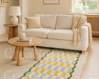 Tappeto da corridoio a scacchi con bordo smerlato, tappeto pastello annodato a mano, tappeto moderno minimalista dai colori tenui per soggiorno, camera da letto e corridoio.